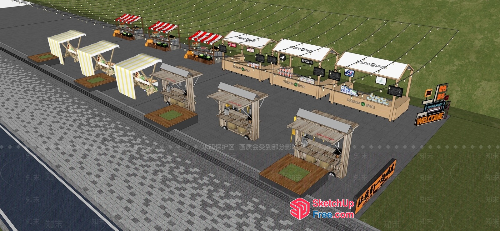 Outdoor Market Stalls With Canopies And String Lights 3D SketchUp File