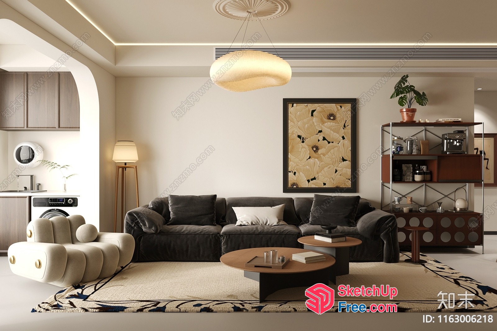Elegant Living Room With Creamy Style And Japanese Decor 3D SketchUp File