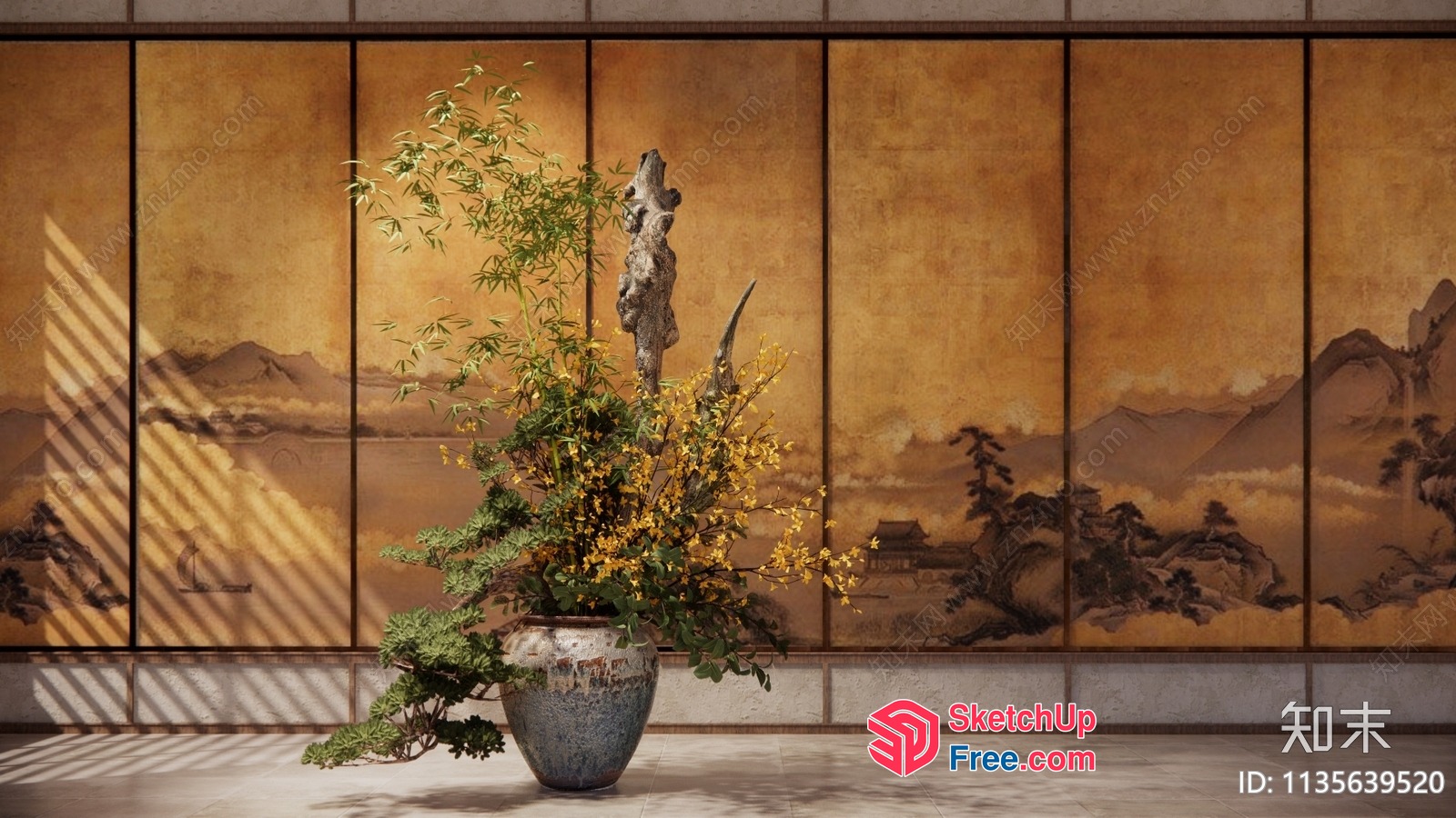 Traditional Japanese Style Interior With Potted Plant And Wall Art 3D SketchUp File