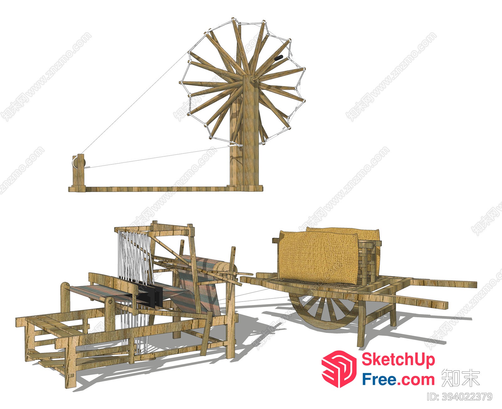 Wooden Spinning Wheel And Loom Furniture 3D SketchUp File