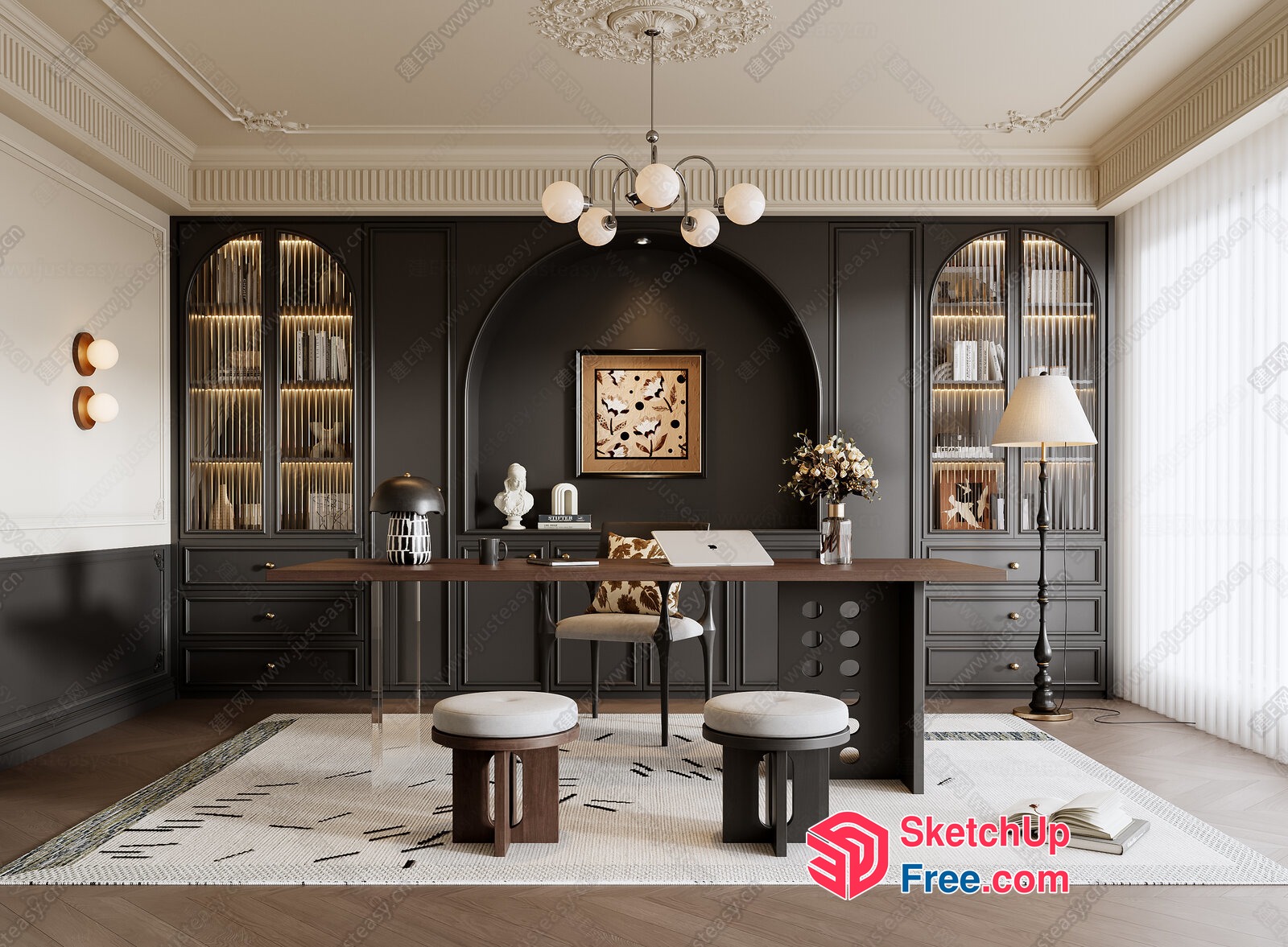 Elegant Dark Wood And Cream Office Space 3D SketchUp File