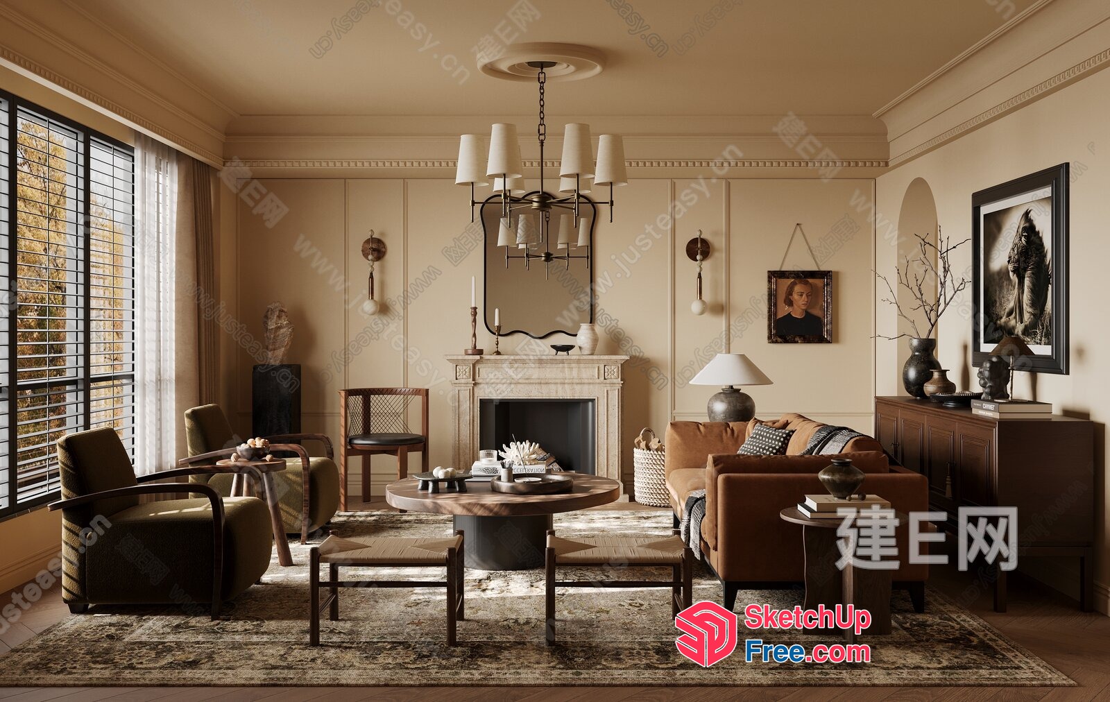 Classic Living Room With Elegant Fireplace And Cozy Seating Area 3D SketchUp File