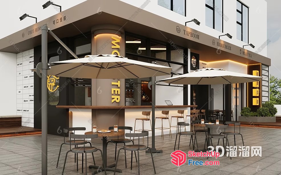 Modern Restaurant Exterior With Patio Seating 3D SketchUp File