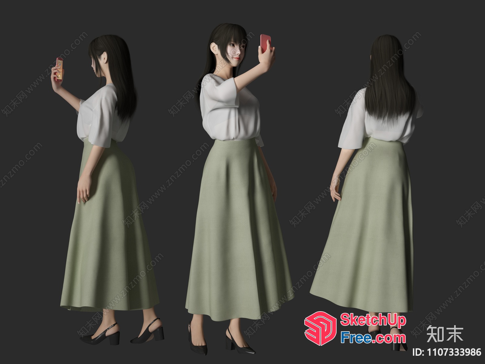 Woman In White Shirt And Green Skirt Taking Selfie 3D SketchUp File