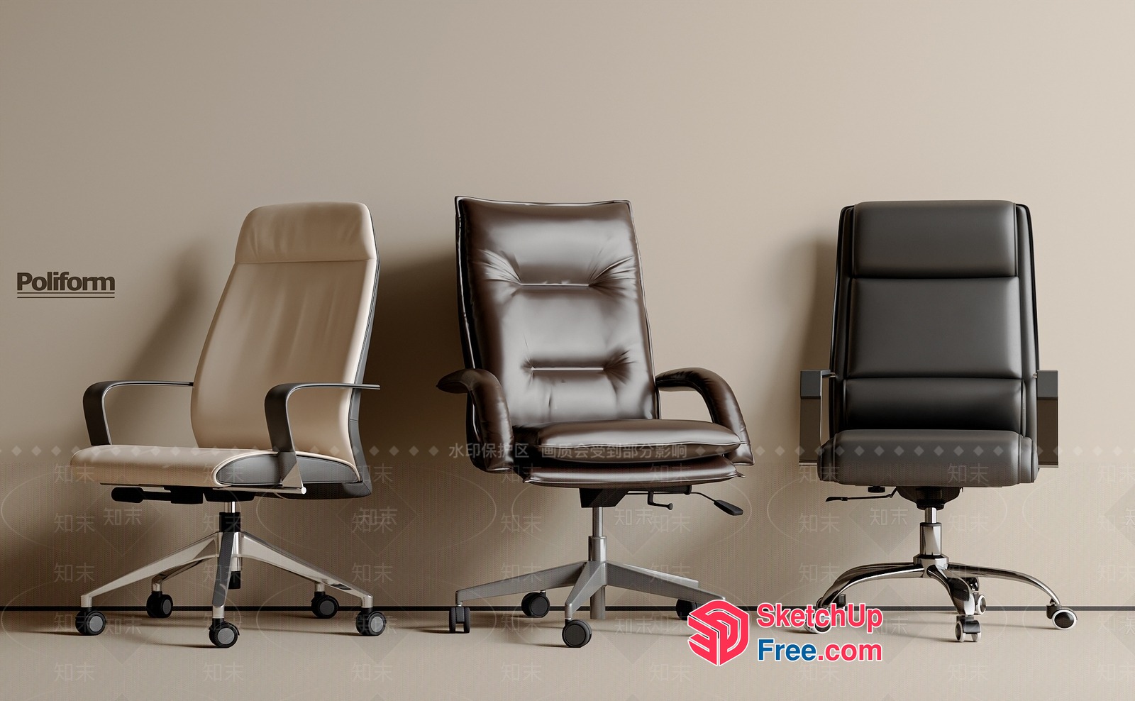 Office Chairs In Neutral And Dark Leather 3D SketchUp File