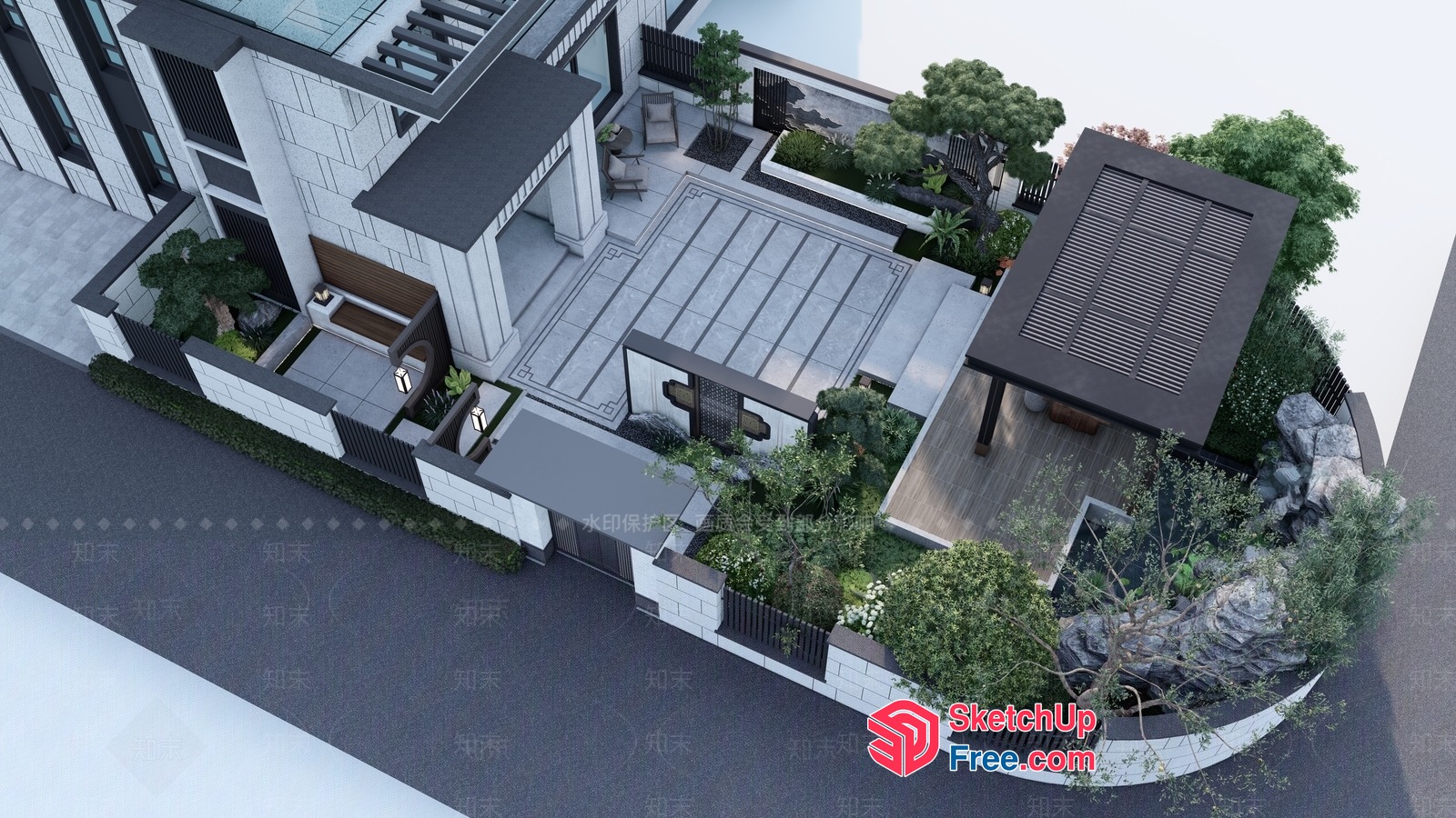 Modern Villa Exterior With Elegant Roof And Lush Greenery 3D SketchUp File