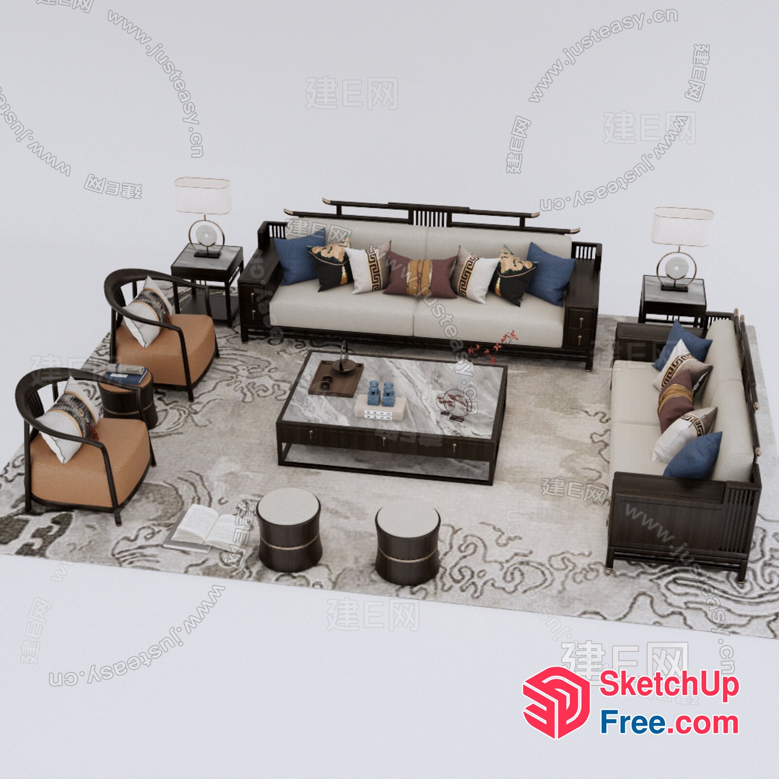 Classic Modern Living Room With Elegant Sofa And Pillows 3D SketchUp File