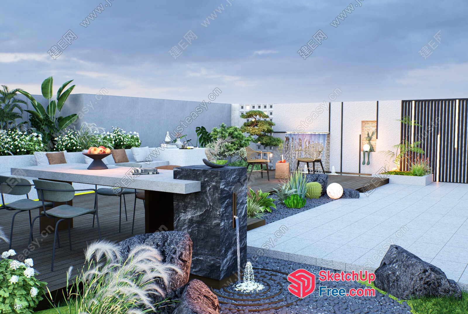 Modern Rooftop Garden With Water Feature 3D SketchUp File