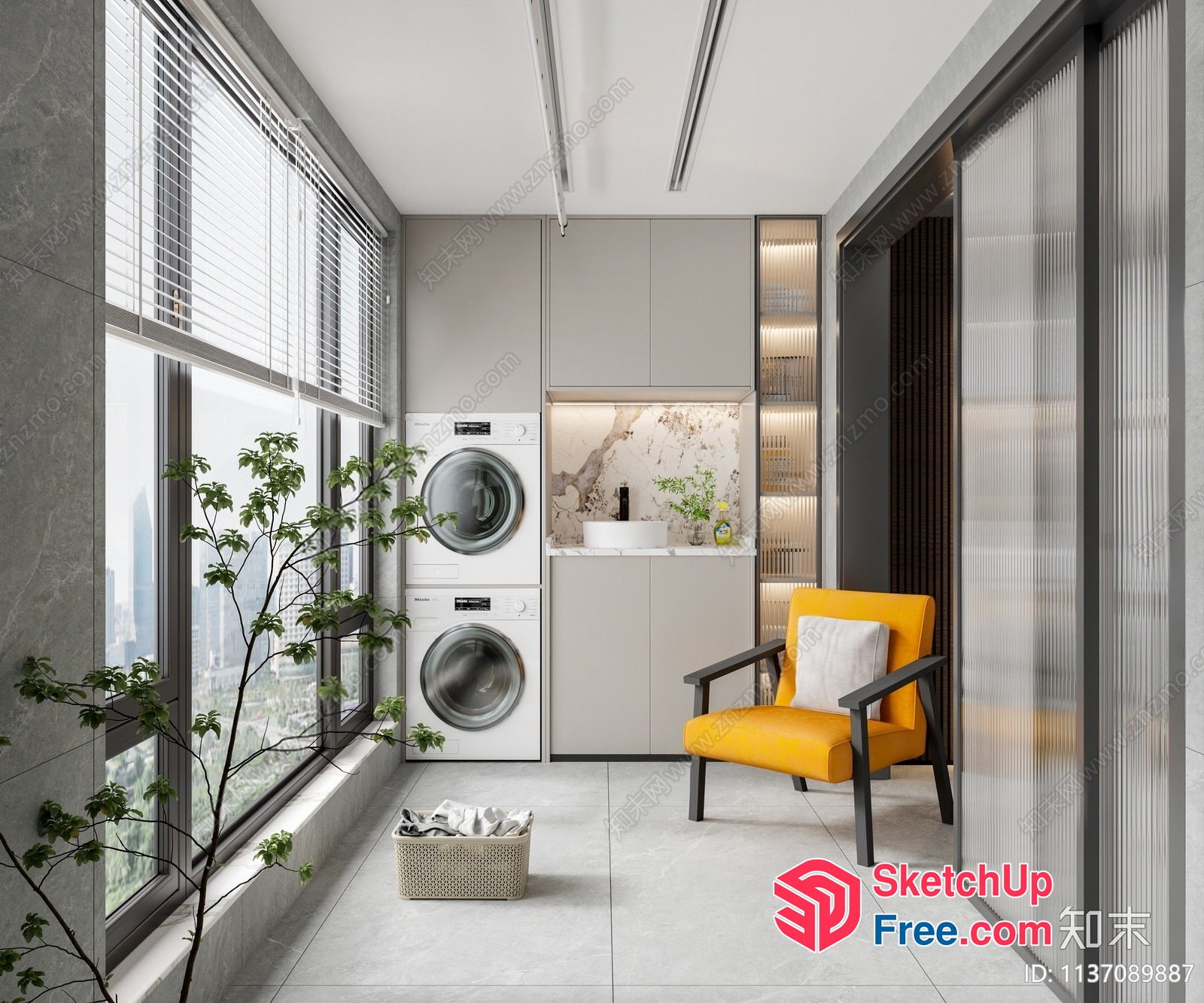 Modern Laundry Room With Washing Machines And City View 3D SketchUp File