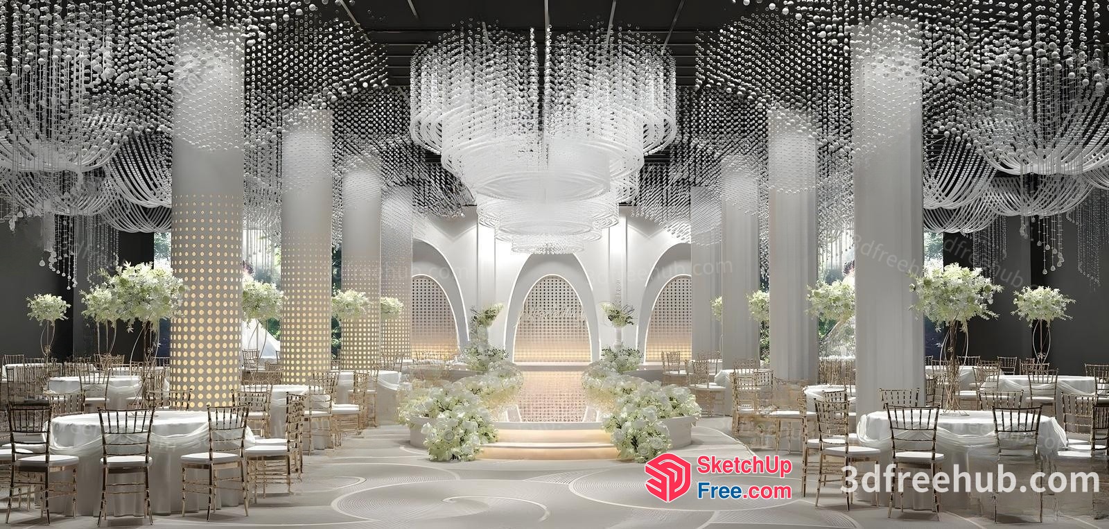 Elegant White Wedding Reception Decor 3D SketchUp File