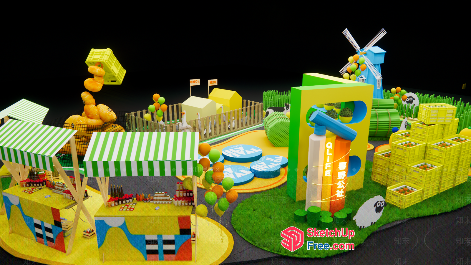 Colorful Farm-Themed Park With Food Stalls And Playgrounds 3D SketchUp File