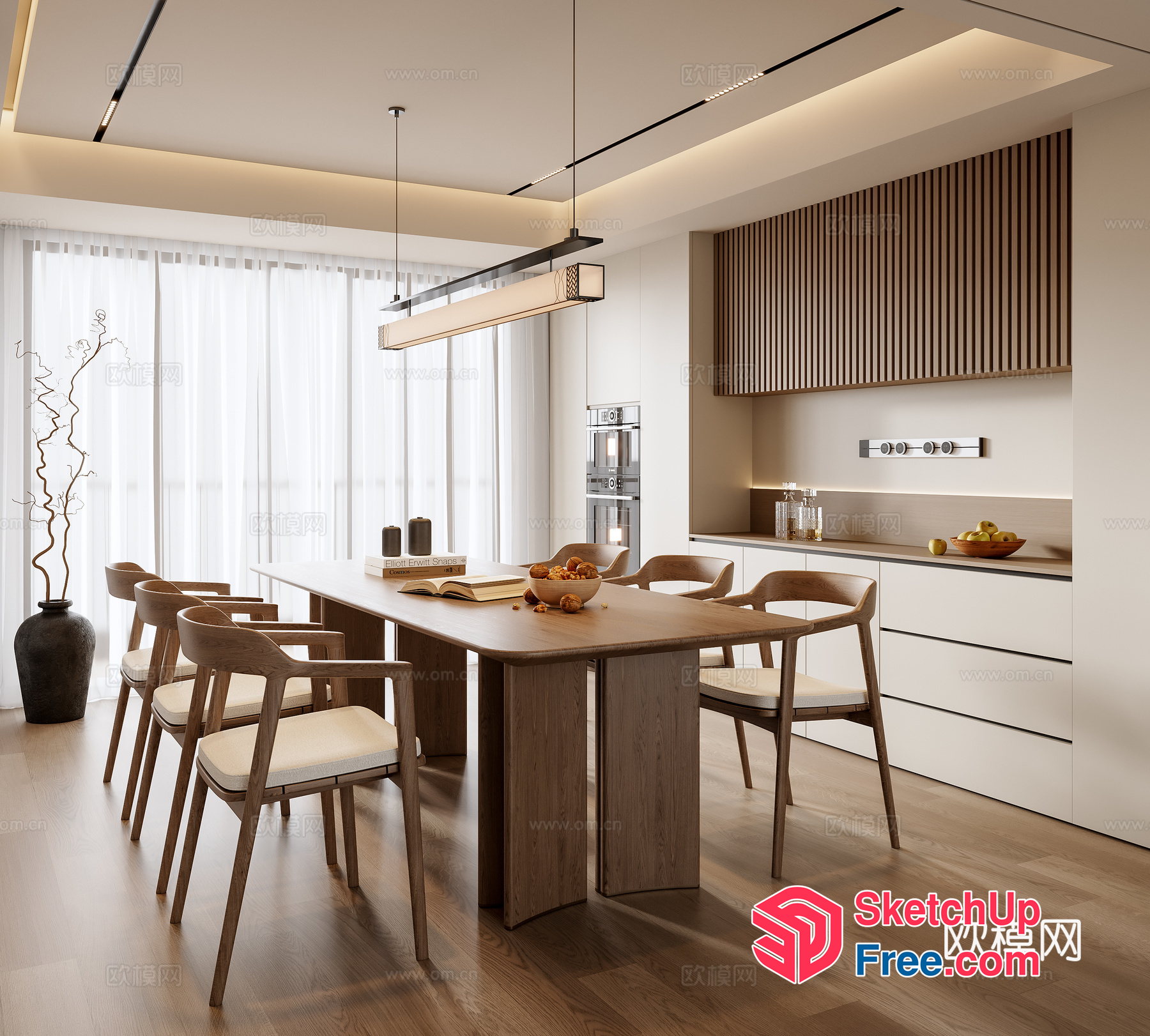 Modern Minimalist Dining Room With White Walls And Wooden Furniture 3D SketchUp File