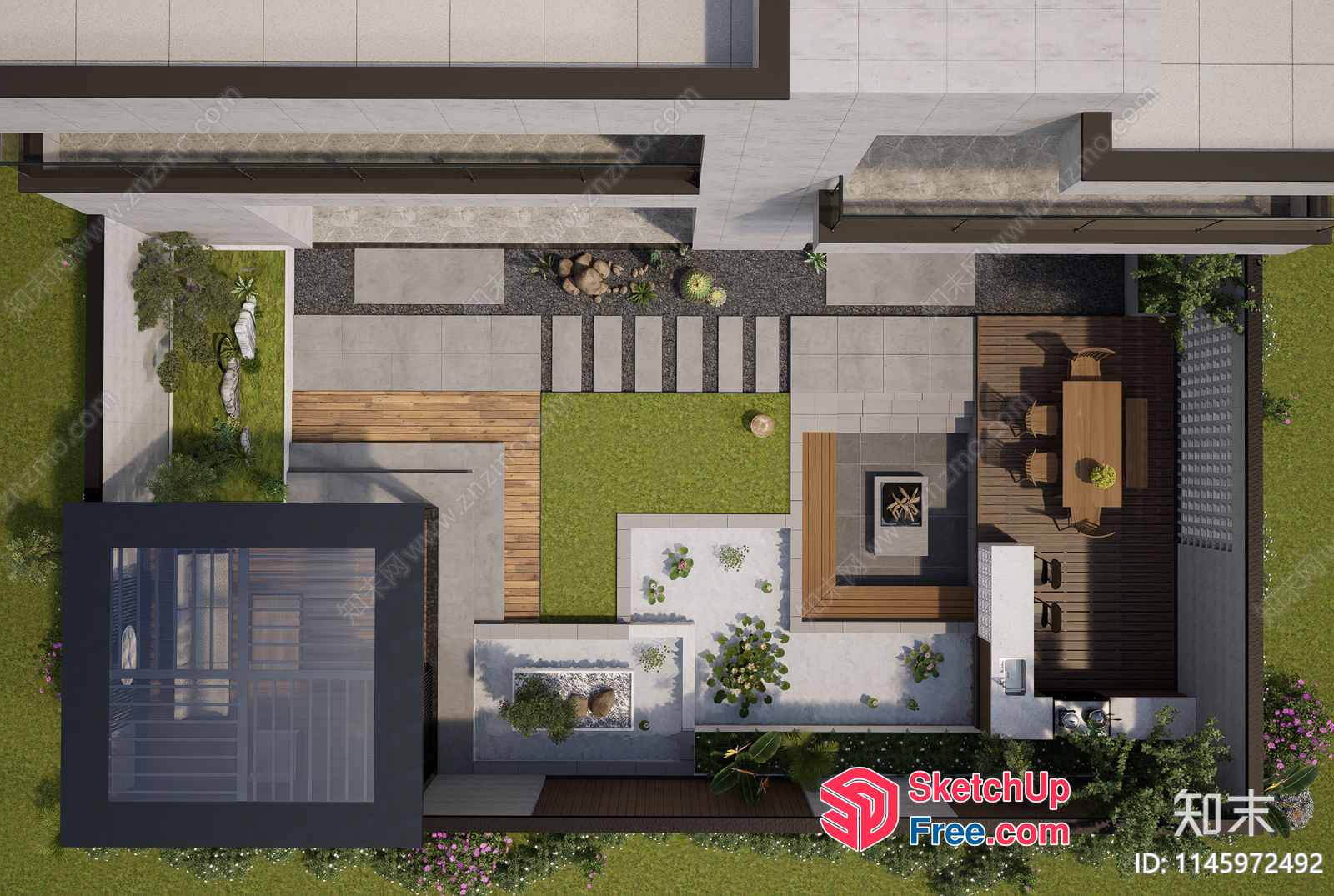 Modern Outdoor Patio With Fire Pit And Dining Area 3D SketchUp File