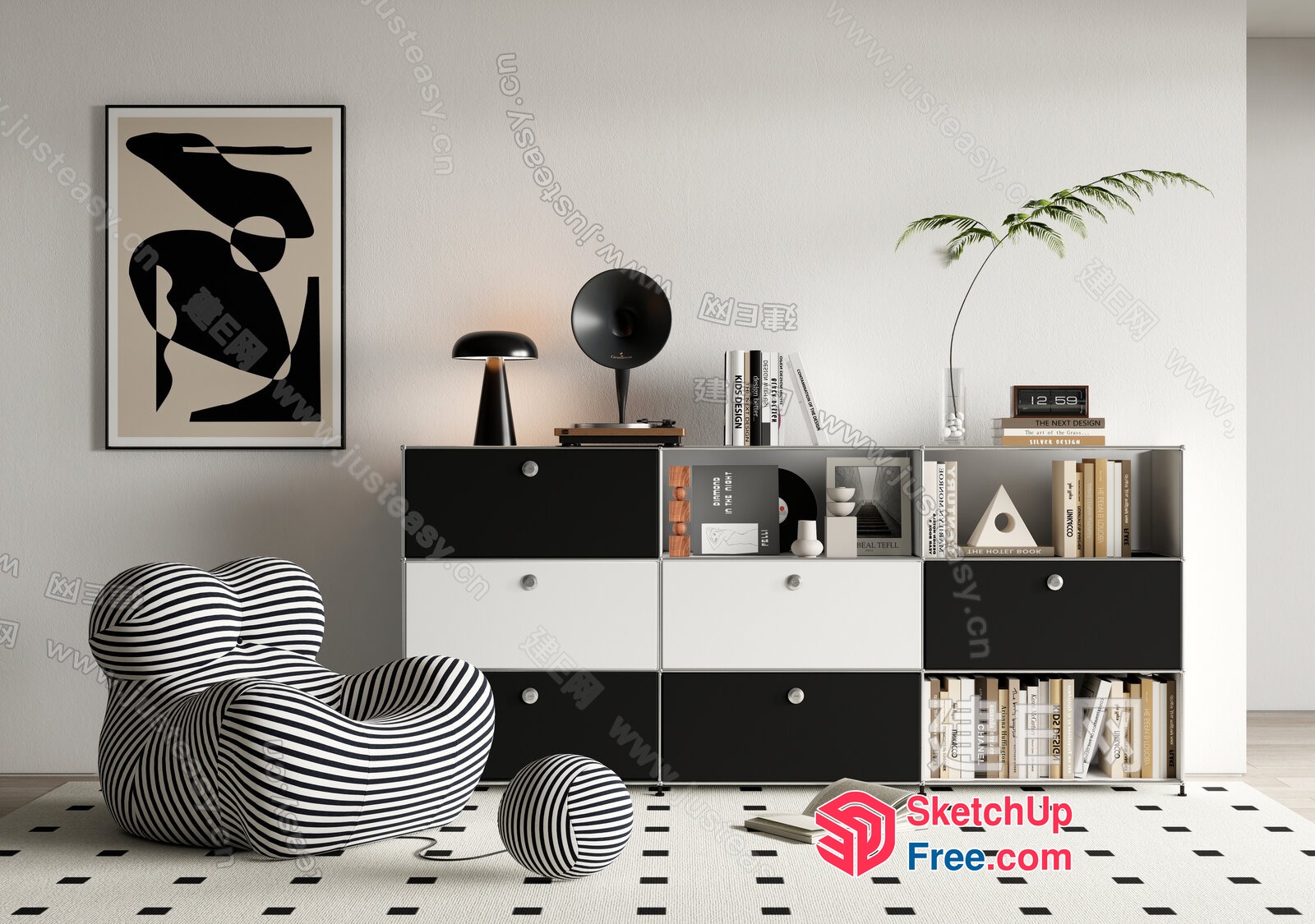 Modern Monochrome Living Room With Striped Accent Chair 3D SketchUp File