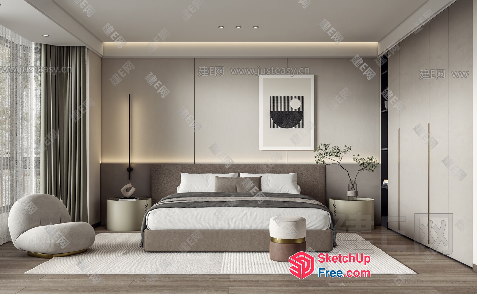Modern Minimalist Bedroom With Neutral Color Scheme 3D SketchUp File