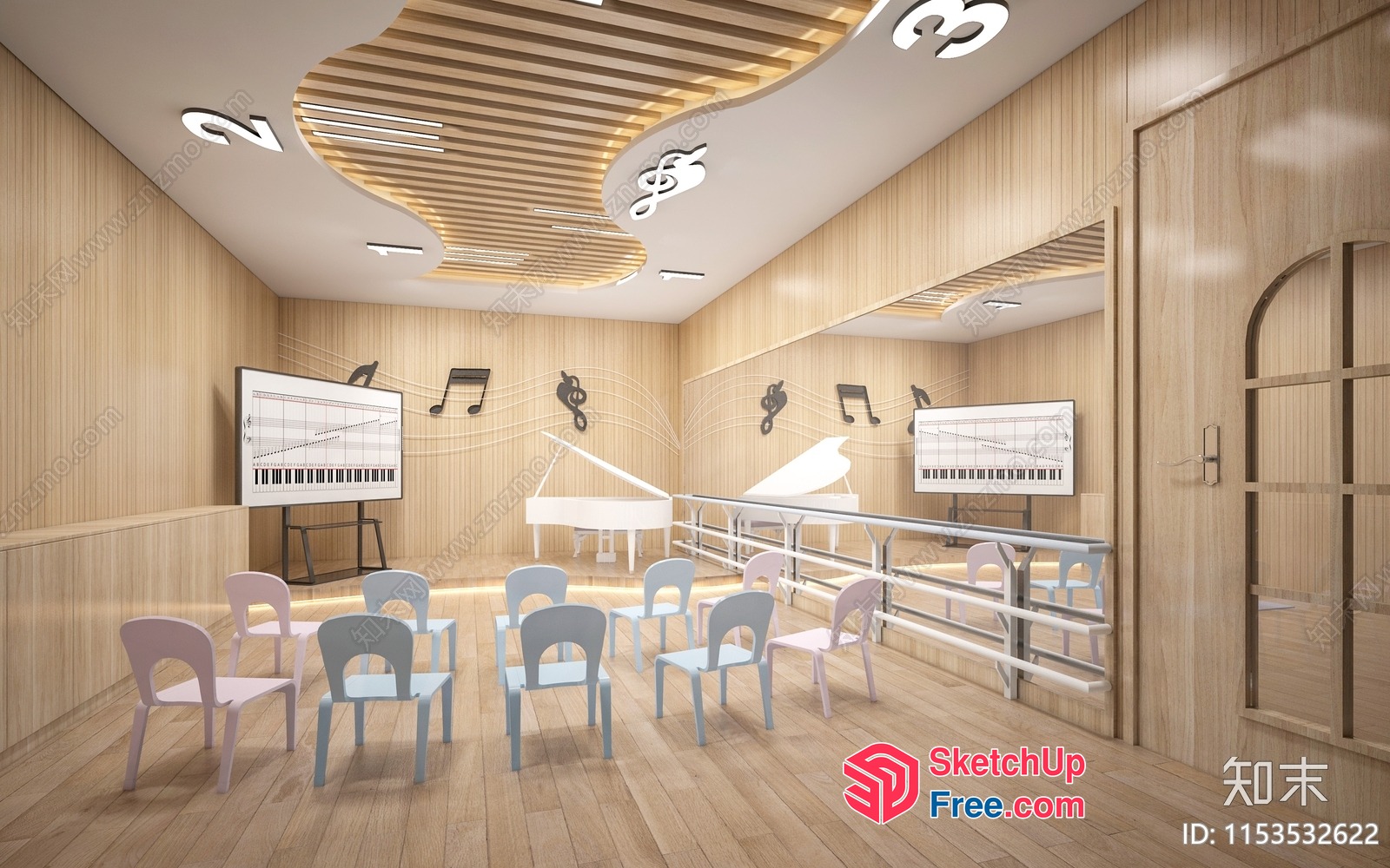 Piano-Inspired Classroom With Musical Notes And Chairs 3D SketchUp File