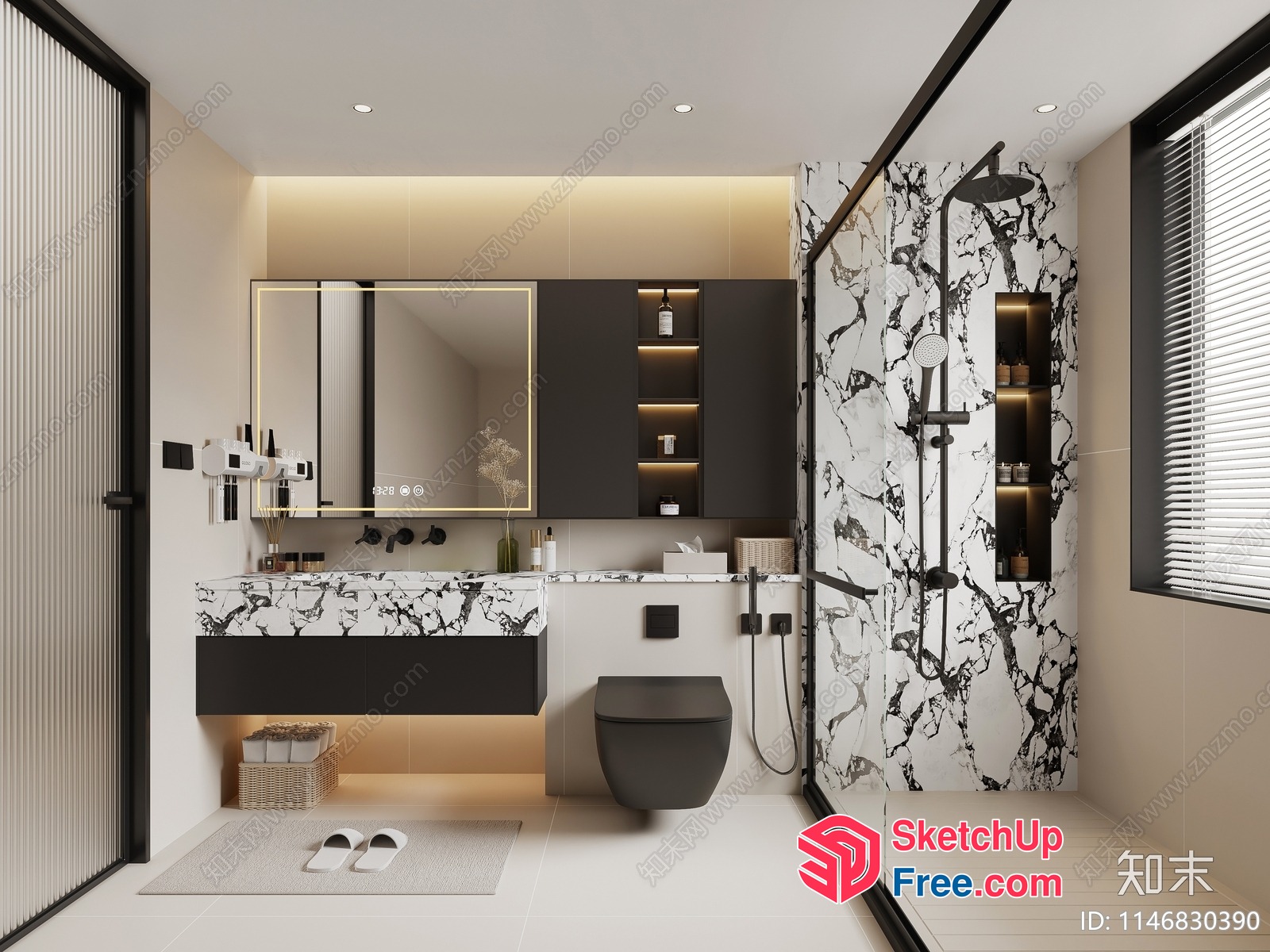Modern Bathroom Interior Design With Black And White Marble 3D SketchUp File