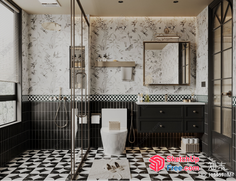 Elegant Bathroom With Floral Wallpaper And Black And White Tiles 3D SketchUp File