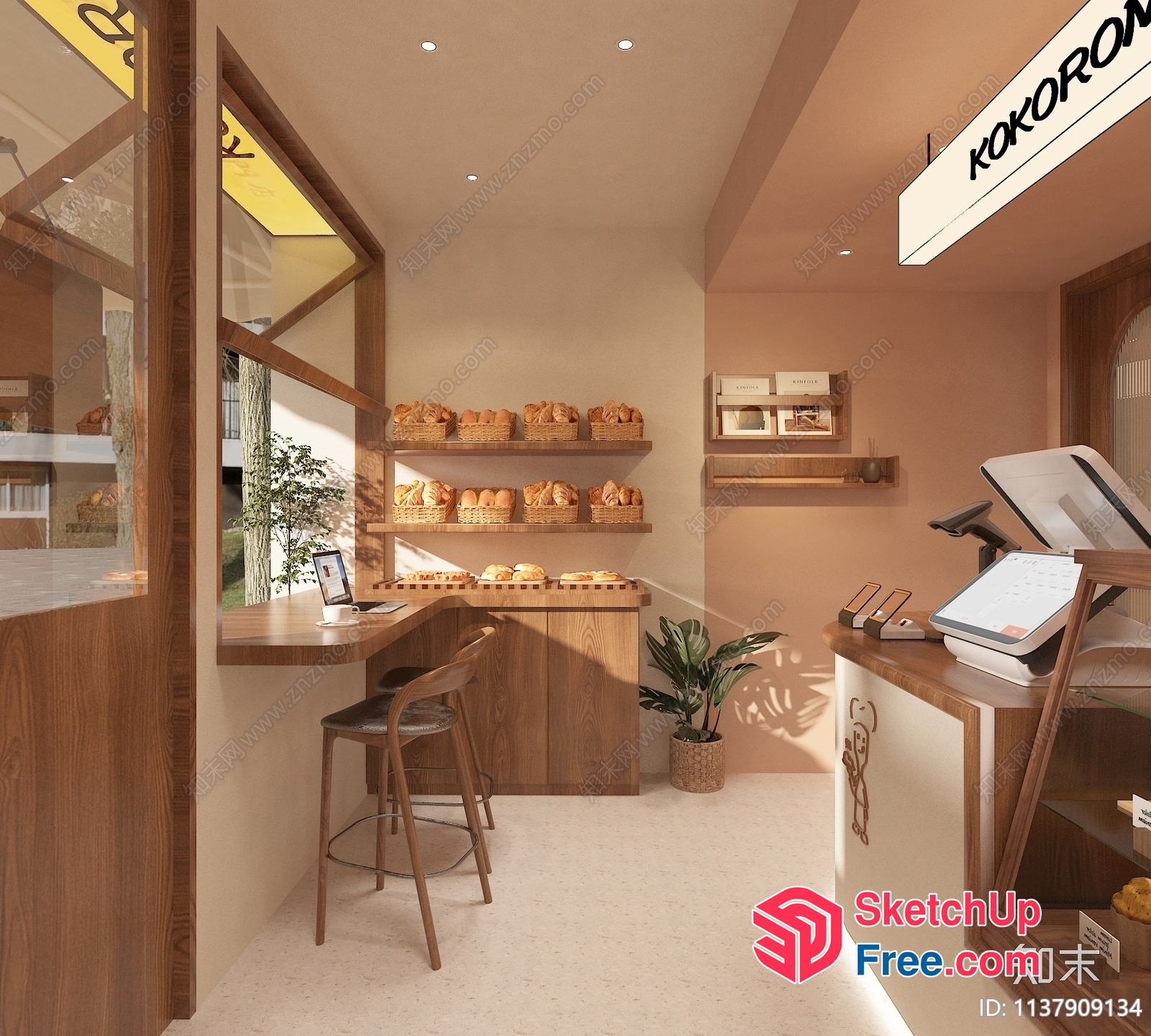 Modern Bakery Interior With Wooden Furniture And Pastries 3D SketchUp File