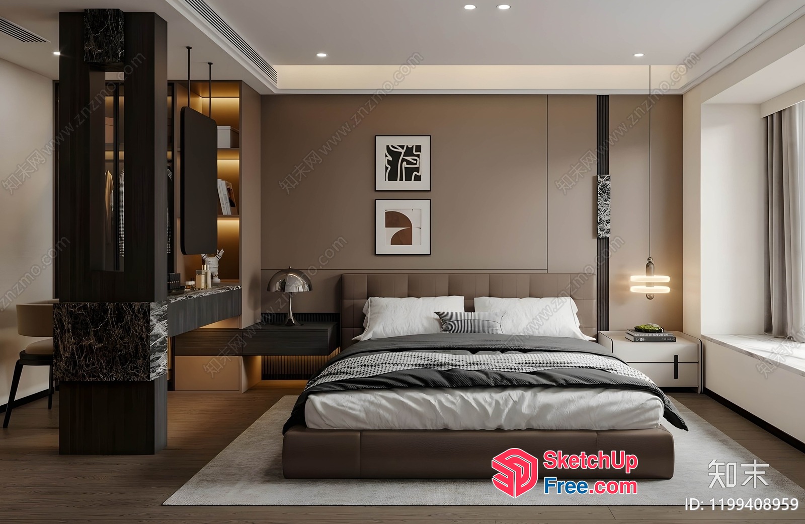 Modern Minimalist Bedroom Design With Brown And White Theme 3D SketchUp File