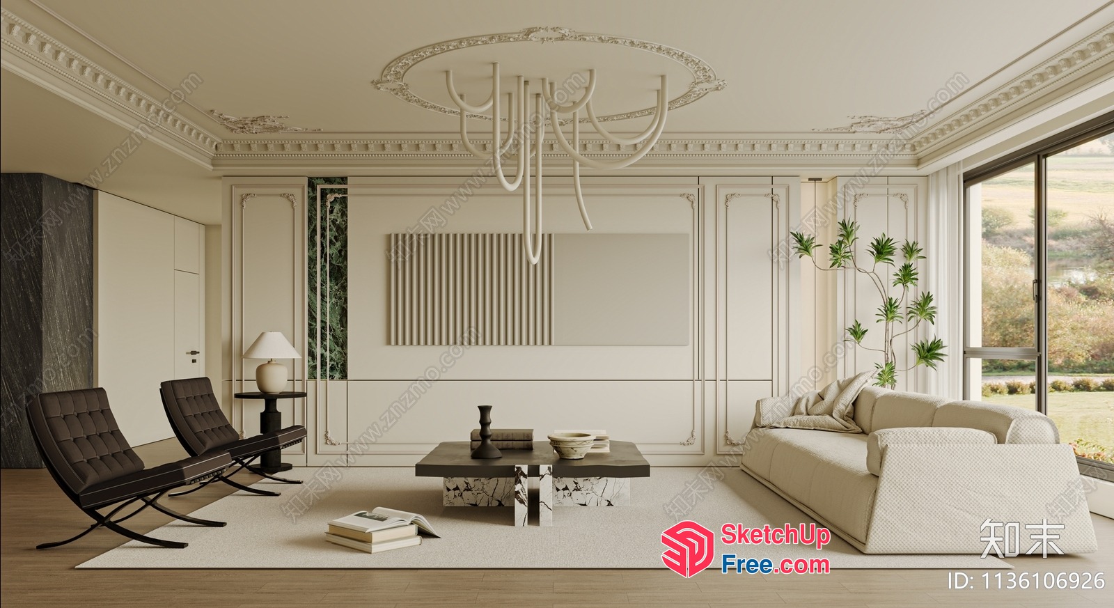 Elegant Living Room With Classic Moulding And Modern Furniture 3D SketchUp File