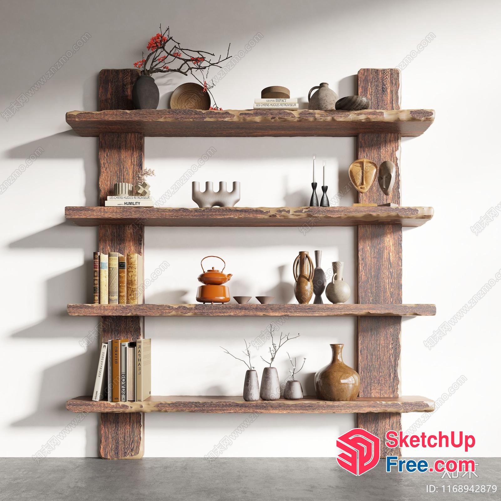 Rustic Wooden Shelf Unit With Decorative Items 3D SketchUp File