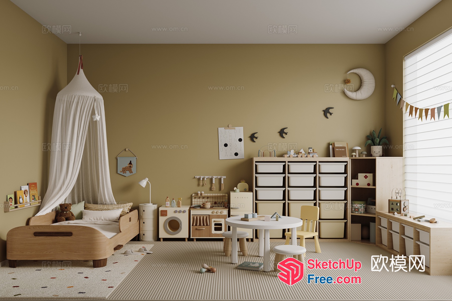 Cozy Child-Friendly Room With Play Kitchen And Bed 3D SketchUp File