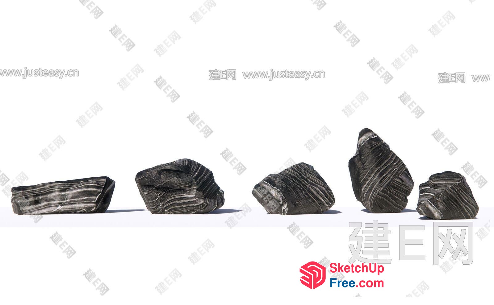 Five Dark Grey Rock Objects In A Row 3D SketchUp File