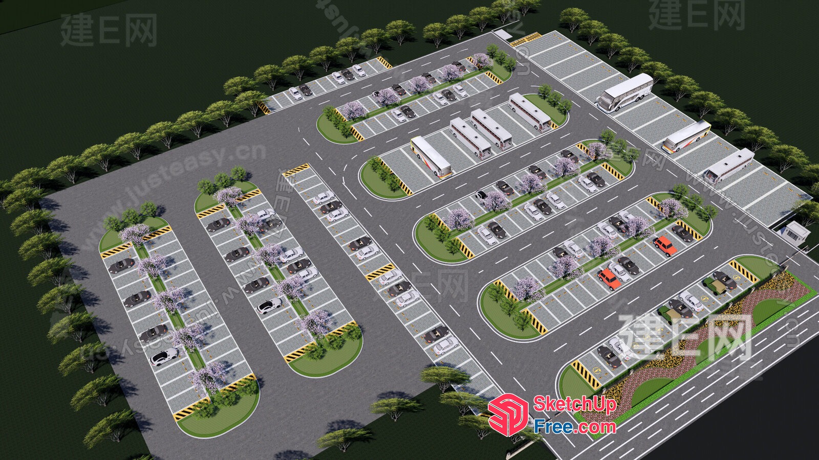 Parking Lot And Commercial Street With Industrial Park 3D SketchUp File