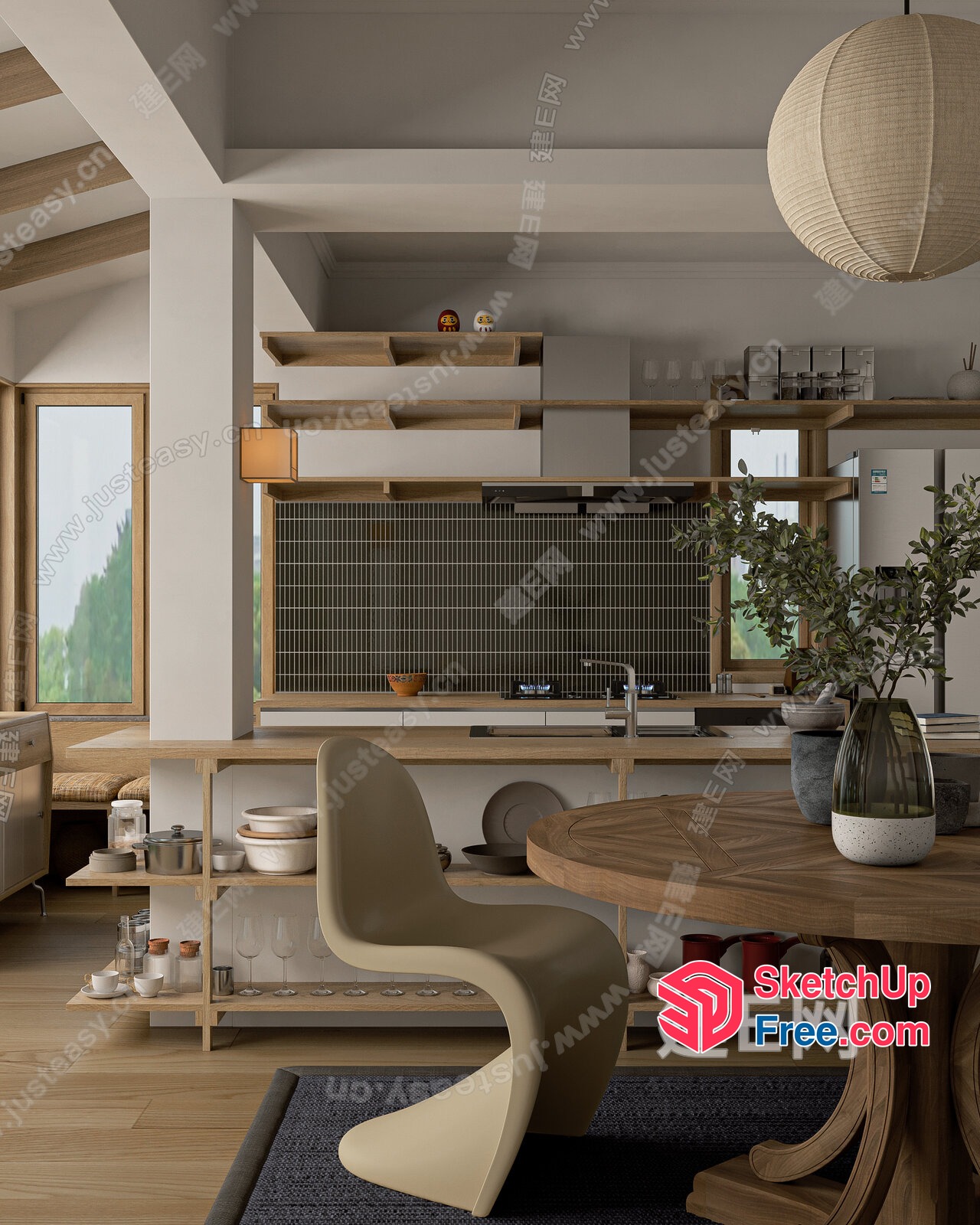 Modern Japanese-Inspired Kitchen With Sleek Wood Accents And Minimalist Decor 3D SketchUp File