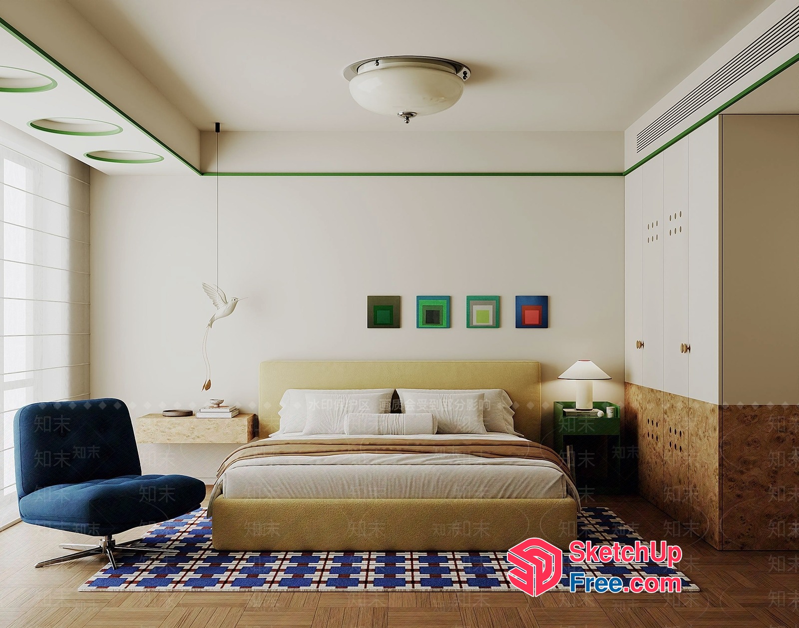 Modern Bedroom With White Walls And Blue Rug 3D SketchUp File