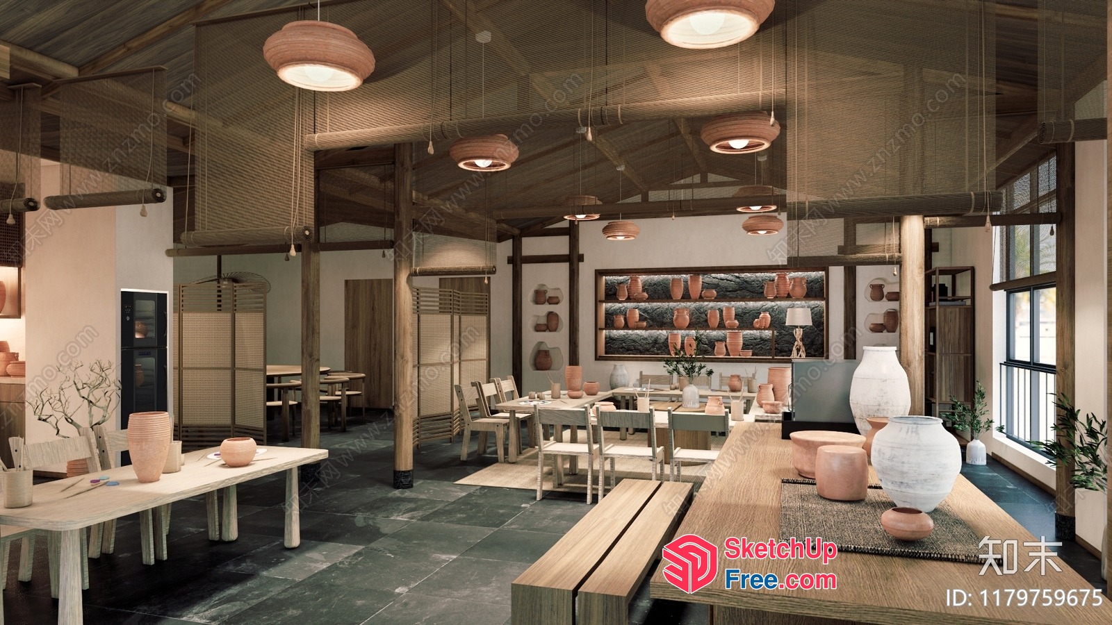 Traditional Japanese-Inspired Dining Room With Natural Wood Accents 3D SketchUp File