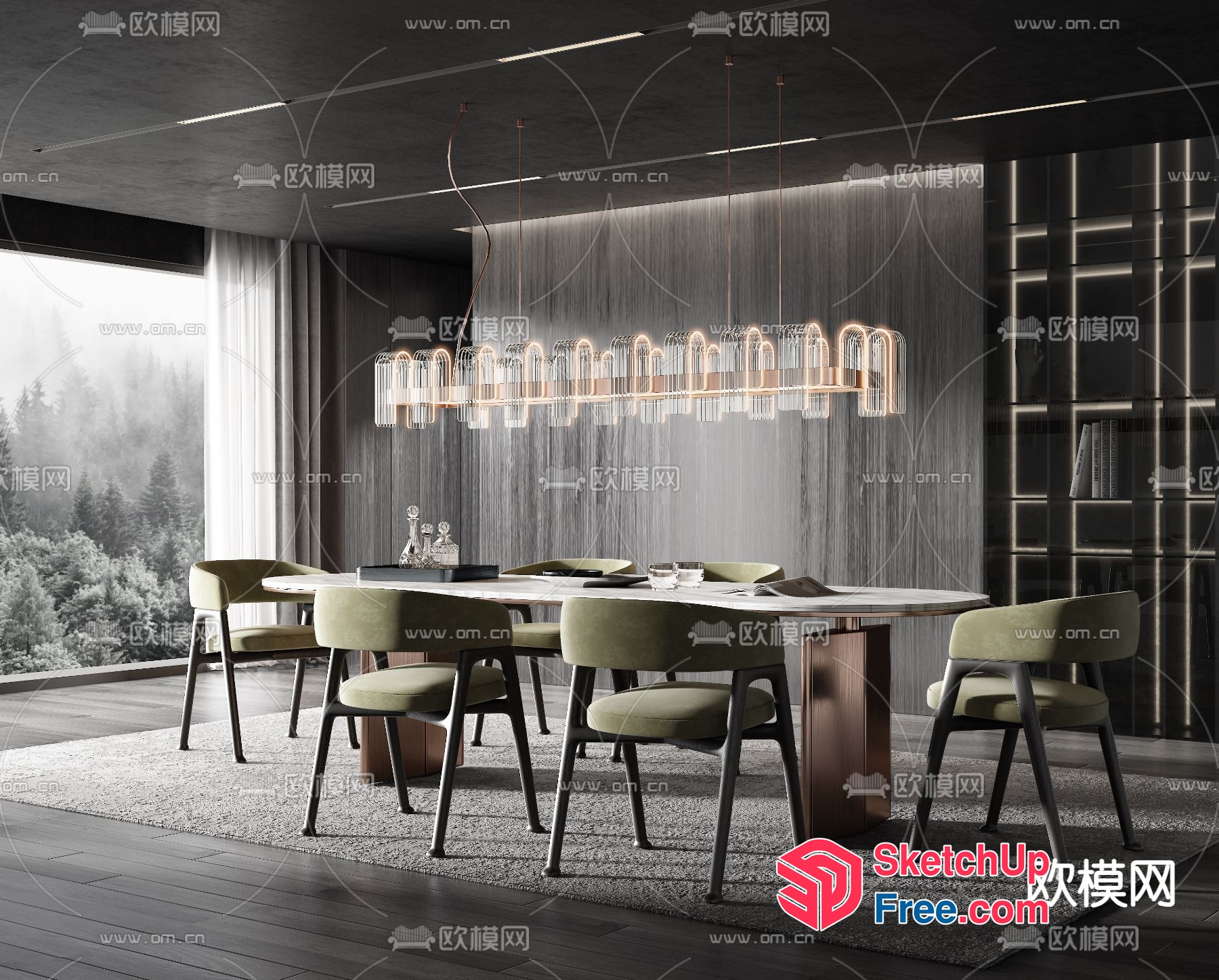 Modern Dining Room With Large Window And Chandelier 3D SketchUp File