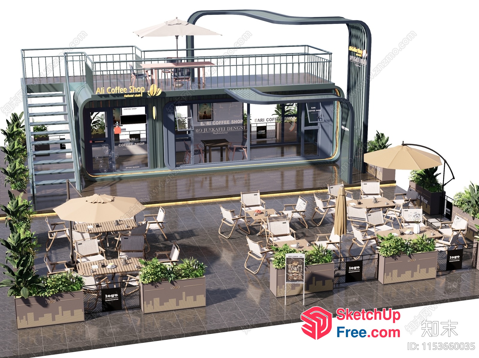 Modern Coffee Shop With Outdoor Seating Area 3D SketchUp File
