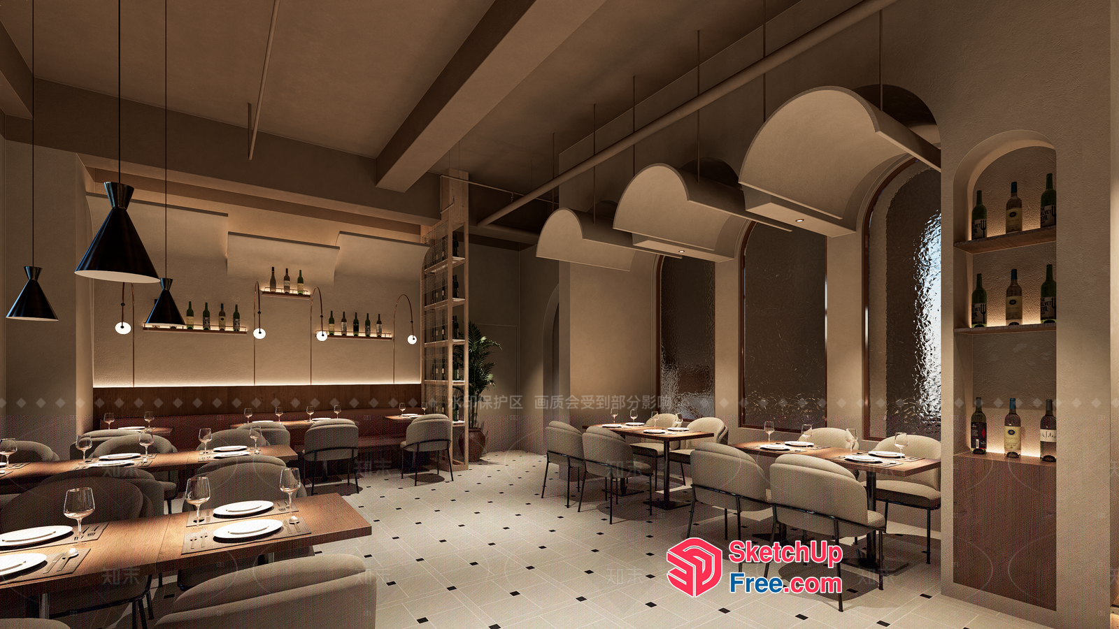 Elegant Dining Room With Modern Lighting And Wine Storage 3D SketchUp File