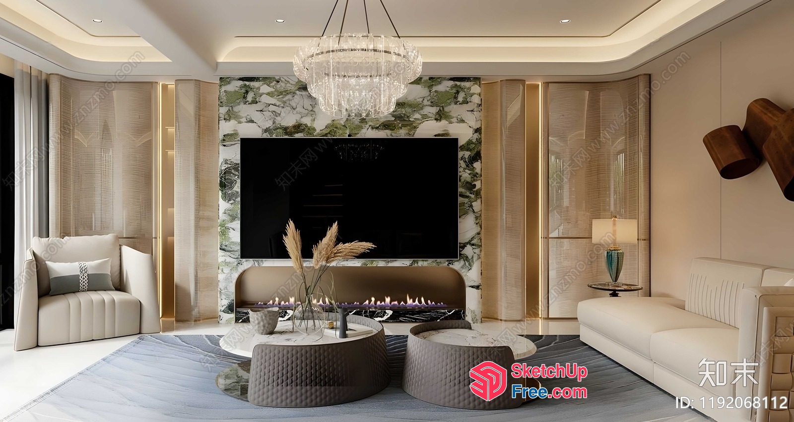 Luxurious Modern Living Room With Elegant Fireplace 3D SketchUp File