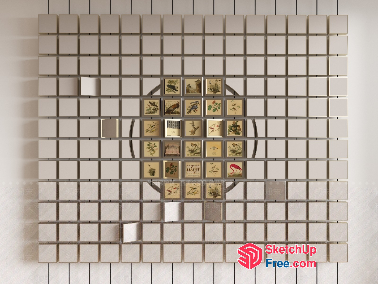 Ornate Bird-Themed Glass Brick Mosaic Artwork 3D SketchUp File