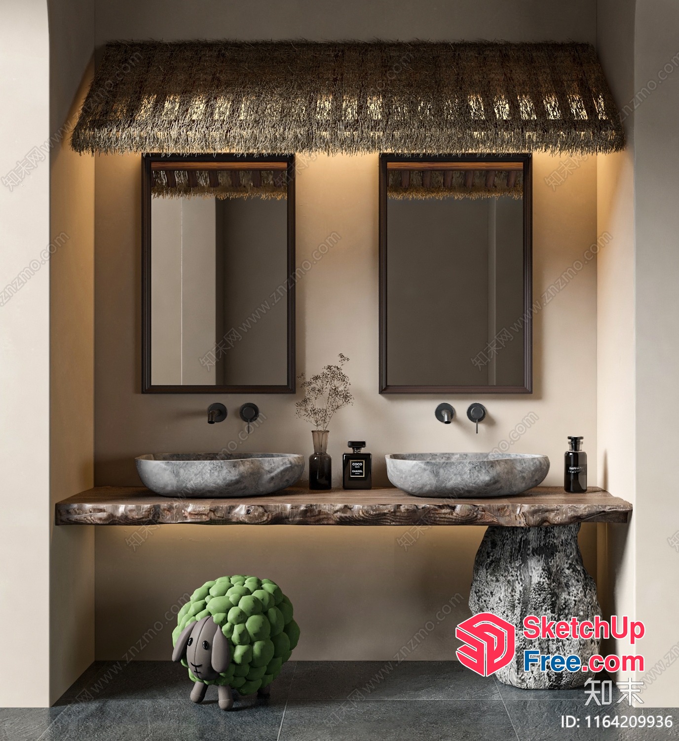 Modern Double Sinks In Natural Wood And Stone 3D SketchUp File