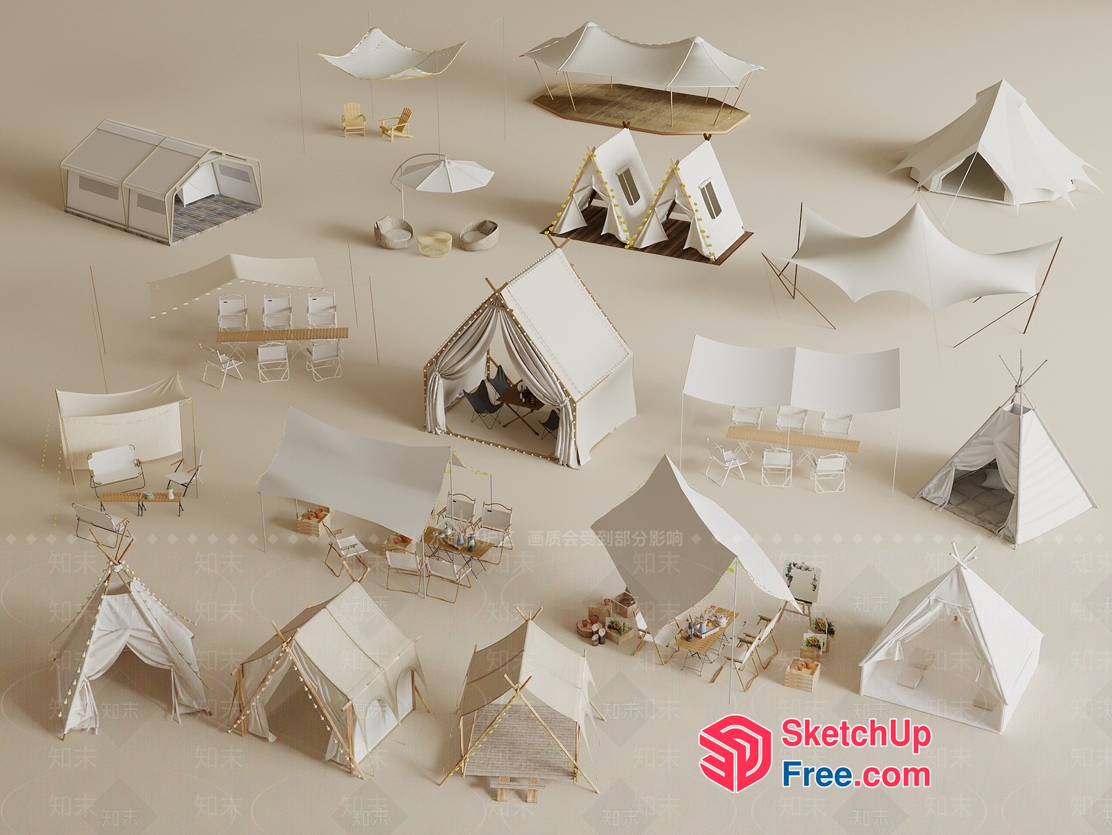 White Canvas Tents And Furniture Arrangement 3D SketchUp File