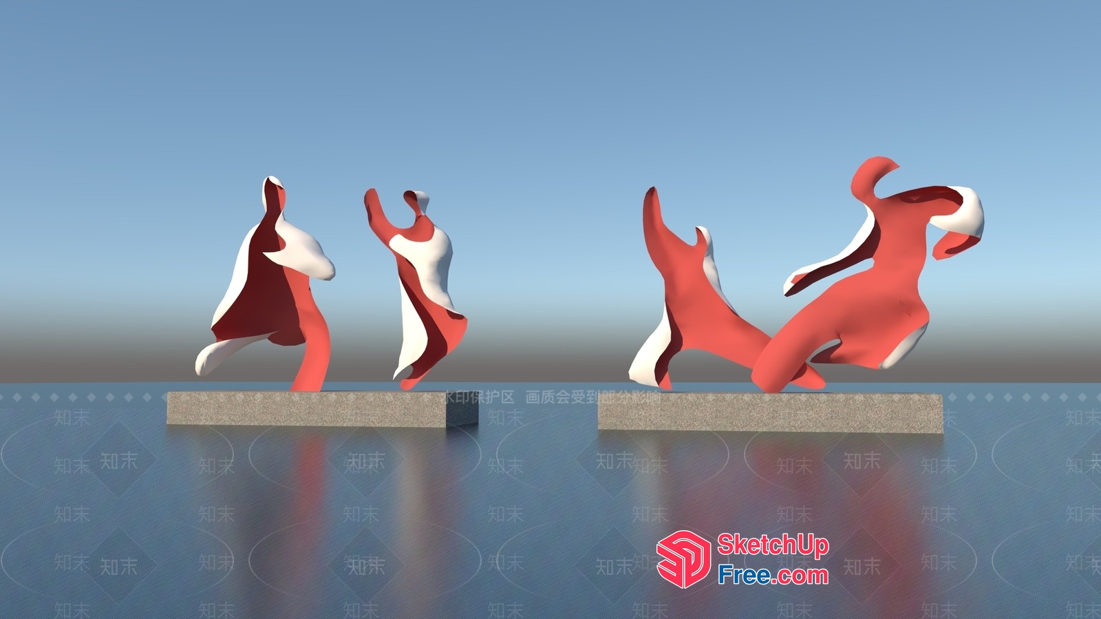 Abstract Red And White Sculptures On A Stone Base 3D SketchUp File
