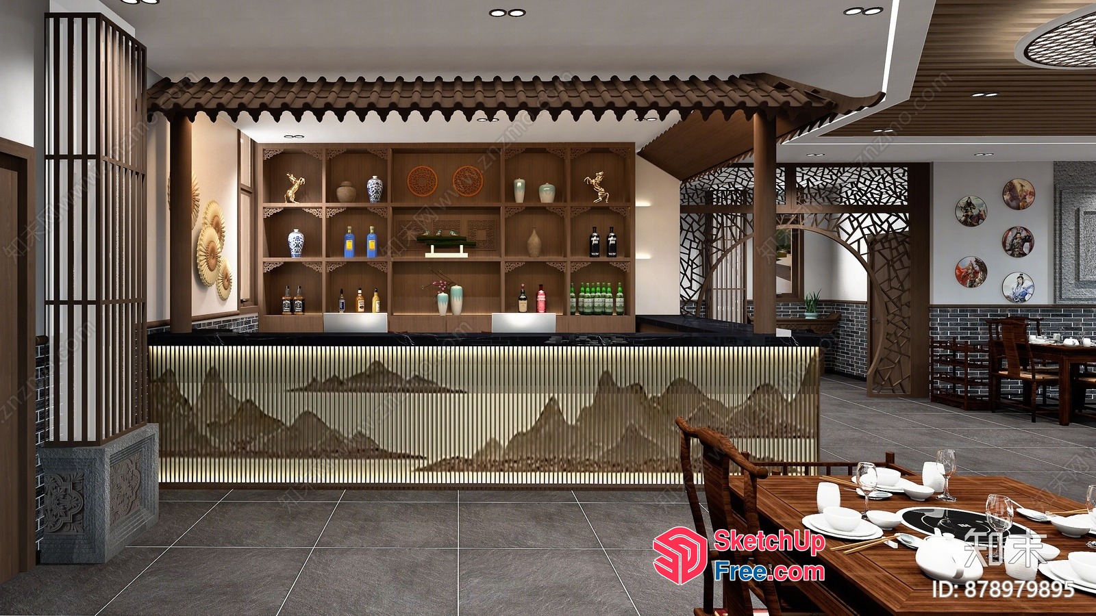 Traditional Asian-Inspired Dining Space With Mountain Decor 3D SketchUp File