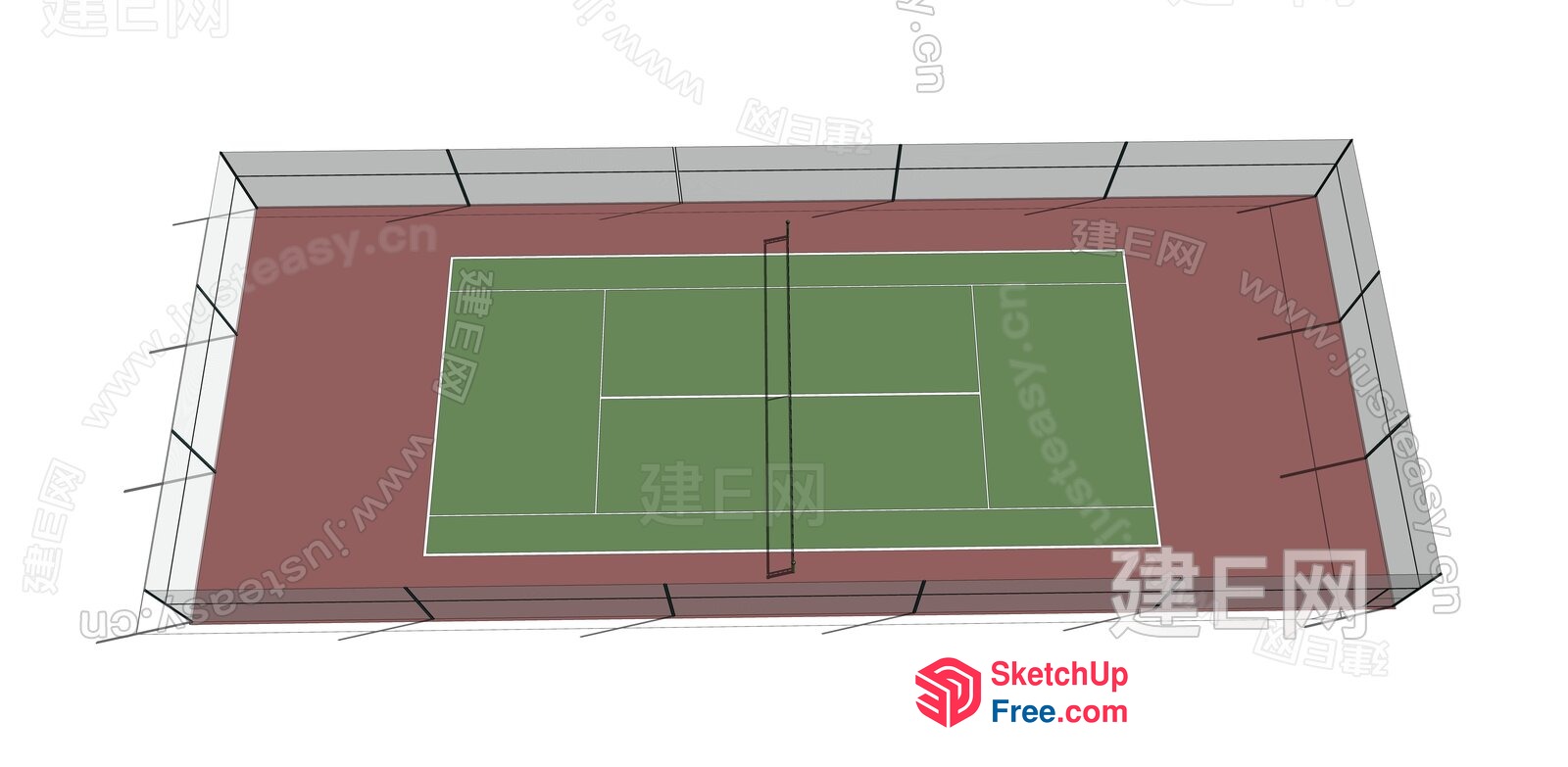 Tennis Court With Green Surface And Red Border 3D SketchUp File