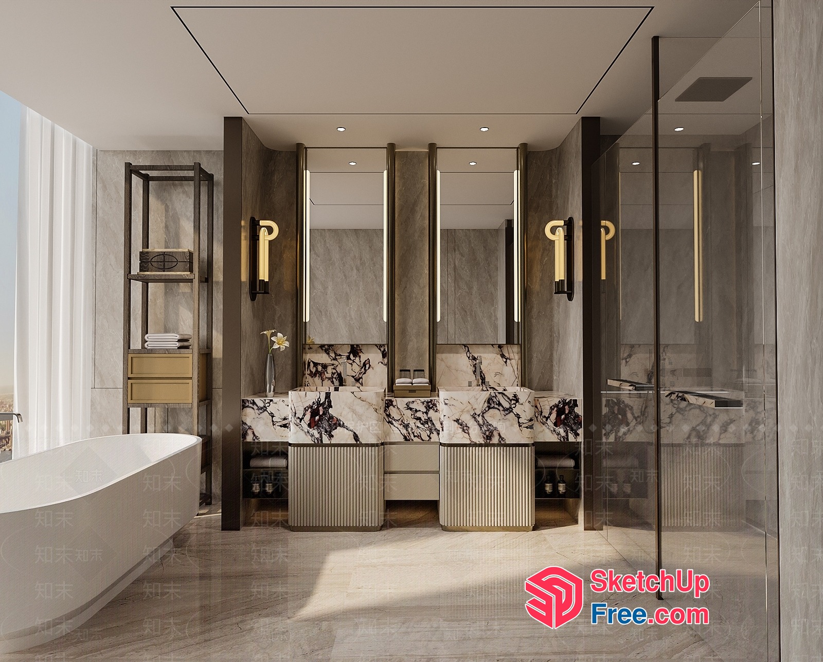 Luxurious Modern Bathroom With Marble And Gold Accents 3D SketchUp File