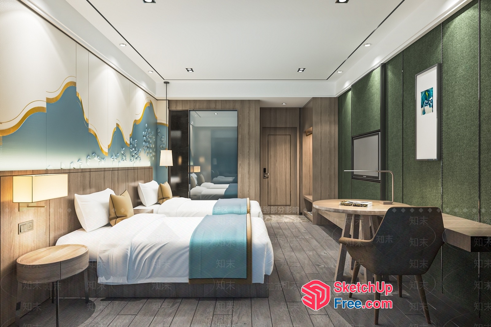 Modern Bedroom With Double Beds And Desk 3D SketchUp File