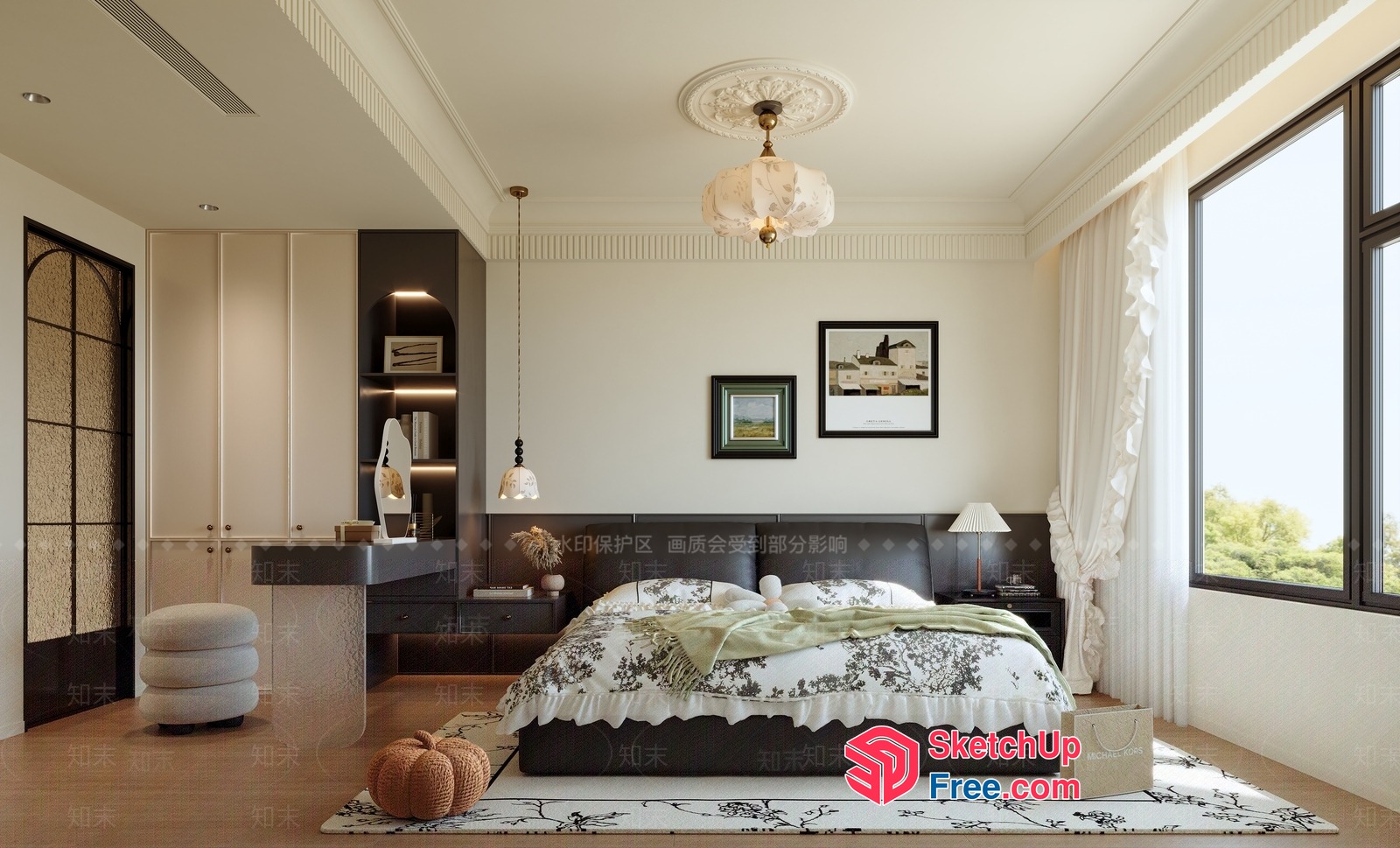Classic European-Style Bedroom With Dark Leather Bed 3D SketchUp File