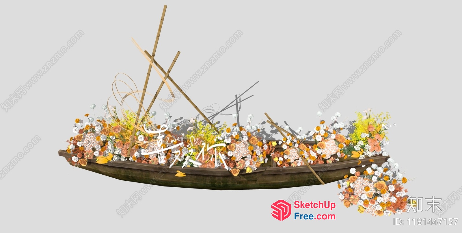 Vibrant Floral Arrangement In A Wooden Boat 3D SketchUp File