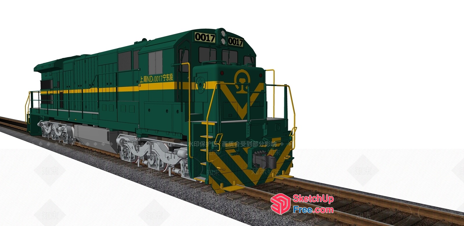 Green And Yellow Train On Train Tracks 3D SketchUp File
