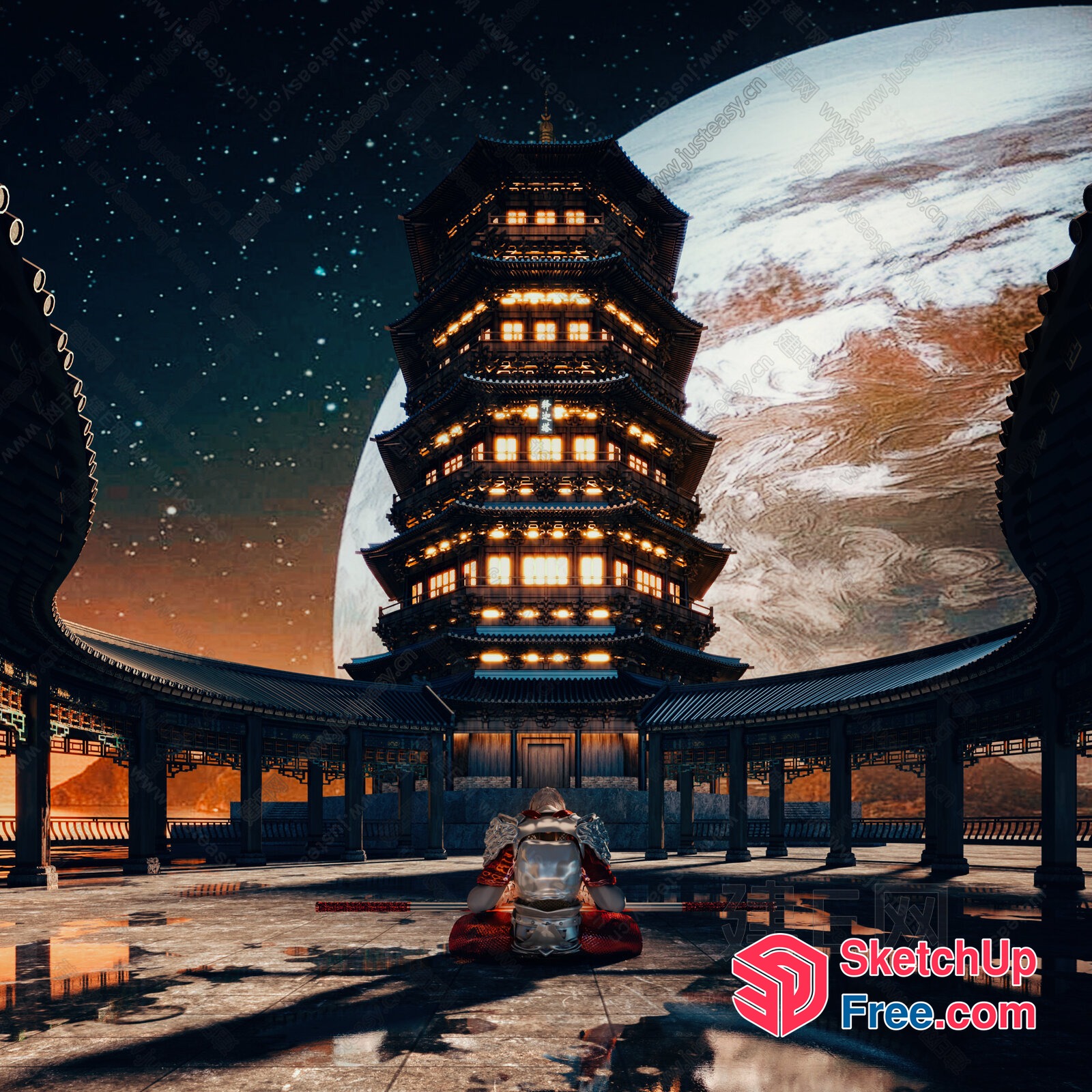 Ancient Asian Temple Under Celestial Dome 3D SketchUp File