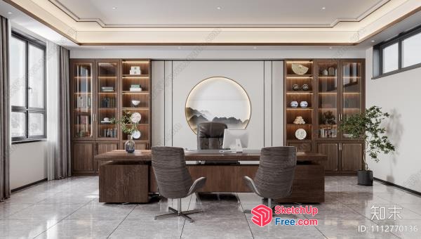 Elegant Modern Office Space With Dark Wood Accents And White Walls 3D SketchUp File