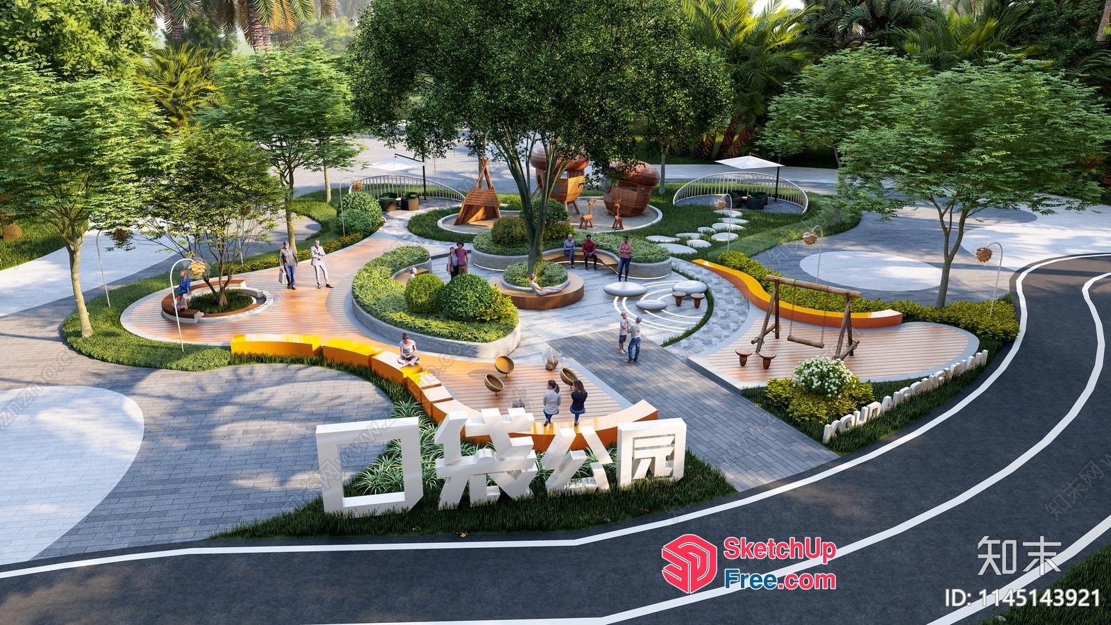 Modern Outdoor Park Design With Curved Paths And Benches 3D SketchUp File